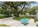 Circular driveway leading to white home with vibrant blue outdoor seating and lush green lawn at 12335 Se 130Th Ct, Ocklawaha, FL 32179