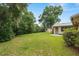 Expansive backyard featuring lush greenery, mature trees, and a storage shed at 3621 Se 12Th Pl, Ocala, FL 34471