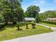 A single-story home surrounded by large trees and green lawn featuring three palm trees in the front at 3621 Se 12Th Pl, Ocala, FL 34471
