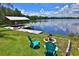 Lakeside backyard featuring a dock with watercraft, lawn chairs, and a fire pit at 10893 Se 141 Avenue Rd, Ocklawaha, FL 32179