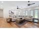 Spacious living room boasts hardwood floors, large sectional sofa, ceiling fans, and double doors to outdoors at 15620 Nw 112Th Ave, Reddick, FL 32686