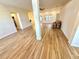 Bright and airy living room with wood-look flooring, ceiling fan, and access to other rooms at 10405 Sw 47Th Ave, Ocala, Florida, FL 34476
