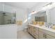 Bright bathroom features a double vanity, a framed mirror, and a tiled shower with convenient built-in niche at 10584 Sw 91St Street Rd, Ocala, FL 34481