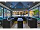 A fully-equipped outdoor bar boasts stone countertops, storage, and views of the luxurious swimming pool at 695 Se 47Th Loop, Ocala, FL 34480