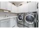 Bright laundry room with white cabinets, a utility sink, and modern stainless steel washer and dryer at 7839 Sw 97Th Cir, Ocala, FL 34481