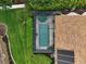 Screened in pool and manicured back yard is featured in this aerial home shot at 1953 Hartford Path, The Villages, FL 32162