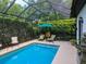 Relaxing screened-in pool has lounge chairs, an umbrella, and a water feature surrounded by shrubbery at 1953 Hartford Path, The Villages, FL 32162