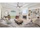 Cozy living room featuring a stone fireplace, built-in shelving, and ample seating at 3883 Se 51St Ct, Ocala, FL 34480
