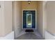 Covered entryway featuring a blue-trimmed glass front door framed by stucco columns and a hanging light at 13741 Sw 73Rd St, Ocala, FL 34481