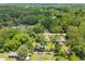 Aerial view showcasing a home with a fenced yard and above-ground pool surrounded by lush greenery at 2924 Se 142Nd Pl, Summerfield, FL 34491