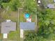 Overhead view of the property showcasing the pool, backyard, and proximity to surrounding homes and trees at 2924 Se 142Nd Pl, Summerfield, FL 34491