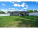 Home's backyard showcasing a well-maintained lawn, privacy fence, and a patio perfect for outdoor relaxation and entertaining at 3094 Se 144Th Pl, Summerfield, FL 34491