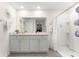 Bright bathroom with double vanity, shower, and ample storage; perfect for a refreshing start to the day at 8685 Sw 49Th Cir, Ocala, FL 34476