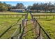 View down a long fenced paddock toward the blue horse barn at 7563 Nw 21St St, Ocala, FL 34482