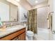 Bathroom with a single vanity, granite countertop, painted blue heron artwork, and shower-tub combo at 7814 Sw 97Th Cir, Ocala, FL 34481