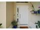 The front door is accented by a sidelight window and decorative plants, creating a welcoming entrance to the home at 611 Allenwood Loop, The Villages, FL 32162