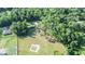 Aerial view of property showcasing home, pond, fenced area, and lush greenery at 7 Hill Prince Dr, Ocala, FL 34482