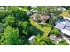 An aerial view shows a backyard with a pool, fire pit, shed, lush trees, and outdoor seating, perfect for entertaining at 3831 Se 48Th St, Ocala, FL 34480