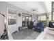 Relaxing covered patio with ceiling fan, comfortable blue chairs, and sliding door access at 4340 Nw 56Th Ct, Ocala, FL 34482
