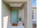 Close-up view of the covered front door with a welcome mat and decorative plants at 6568 Sw 151St Loop, Ocala, FL 34473