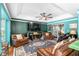Spacious living room featuring a large television, comfortable seating, and lots of light at 7242 Sw 115Th Pl, Ocala, FL 34476