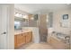 Bright bathroom featuring a soaking tub, walk-in shower, and a single vanity at 4555 Nw 6Th Cir, Ocala, FL 34475