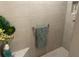 A tiled shower features a towel bar, built-in shelf, and decorative plants at 530 Casteel Ave, The Villages, FL 32163