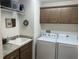 Functional laundry room with modern appliances, sink, granite countertop, and storage cabinets at 530 Casteel Ave, The Villages, FL 32163