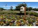 Bus stop sign situated in a colorful flowerbed with manicured lawns and an American flag waving in the background at 9706 Sw 92Nd Place Rd, Ocala, FL 34481