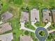 Overhead shot showcasing the meticulously manicured lawns, pool, and driveways of houses in a quiet neighborhood at 1443 Sw 161St St, Ocala, FL 34473