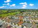 Scenic aerial view of a well-maintained community, golf course and water features under a bright blue sky at 1751 Brandenburg Ct, The Villages, FL 32163