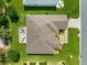 An aerial view showcases the architectural design of the home and the backyard patio at 9120 Se 125Th Loop, Summerfield, FL 34491
