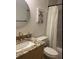 Cozy bathroom with granite countertop and decorative shower curtain and artwork at 1245 Nw 73Rd Ter, Ocala, FL 34482