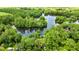 Scenic aerial view showcasing the house surrounded by dense greenery and a serene lake at 19620 Fox Trl, Dunnellon, FL 34432