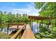 Scenic view of a covered dock with seating, surrounded by lush greenery and tranquil water at 19620 Fox Trl, Dunnellon, FL 34432