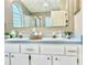 Bathroom featuring and sinks, light blue counters, glass block window, and white cabinets and trim at 2100 Nw 50Th Cir, Ocala, FL 34482