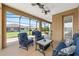 Screened patio featuring comfortable seating, ceiling fans, and view of backyard at 9222 Sw 97Th Cir, Ocala, FL 34481