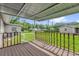 This covered back porch has wooden flooring and railing that looks out onto a large fenced yard and storage shed at 713 Se 34Th Ter, Ocala, FL 34471