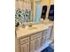 Bathroom vanity with light cream cabinets, white countertop, and decorative floral shower curtain at 19480 Sw 100Th Loop, Dunnellon, FL 34432
