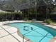 Sparkling pool featuring charming dolphin mosaics, spa steps, and a screened-in enclosure at 19480 Sw 100Th Loop, Dunnellon, FL 34432