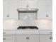 Close-up of gas cooktop featuring white cabinets, stainless steel range hood, and modern backsplash at 4419 Nw 54Th Ter, Ocala, FL 34482