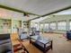 Cozy living room showcasing comfortable seating, a ceiling fan, and a view of the adjacent sunroom and dining area at 6739 Kensington Ne Dr, Winter Haven, FL 33881