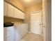 Well-lit laundry room featuring white appliances and cabinetry with a door leading outside at 4577 Back Nine Dr, Winter Haven, FL 33884