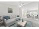 Bright living room featuring neutral tones, ceiling fan, and large windows for ample natural light. 'THIS IMAGE IS VIRTUALLY STAGED' at 142 Morning Glory Cir, Winter Haven, FL 33884