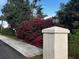 Charming street view featuring lush landscaping with vibrant red bougainvillea and a stylish pillar light fixture at 2693 Clubhouse Dr, Lake Wales, FL 33898