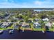 Aerial view of lakefront property with a pool and dock, showcasing the neighborhood and water access at 288 Hernando Rd, Winter Haven, FL 33884