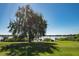 Lush backyard featuring mature trees, a well-maintained lawn, and serene views of the lake and dock at 4027 Island Lakes Dr, Winter Haven, FL 33881