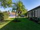 Side yard view showing a manicured lawn and palm trees at 4076 Tralee Dr, Lake Wales, FL 33859