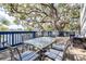 Entertaining on a deck with a glass top table and blue striped seat cushions at 1048 Sunset Trail, Babson Park, FL 33827