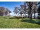 Expansive backyard with lush green lawn, mature trees, and lakefront view with dock at 3312 Eagles Trce, Winter Haven, FL 33884